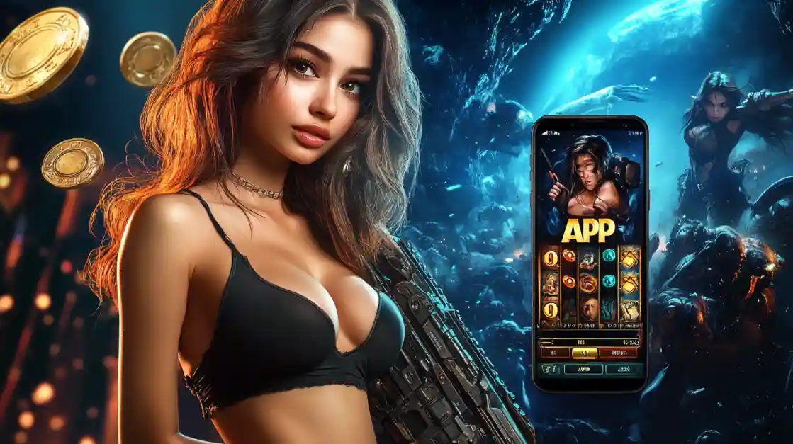 An adventurous woman, holding a rifle and featuring a bold stance, alongside a smartphone displaying the dkvip mobile gaming app with warrior-themed slots.