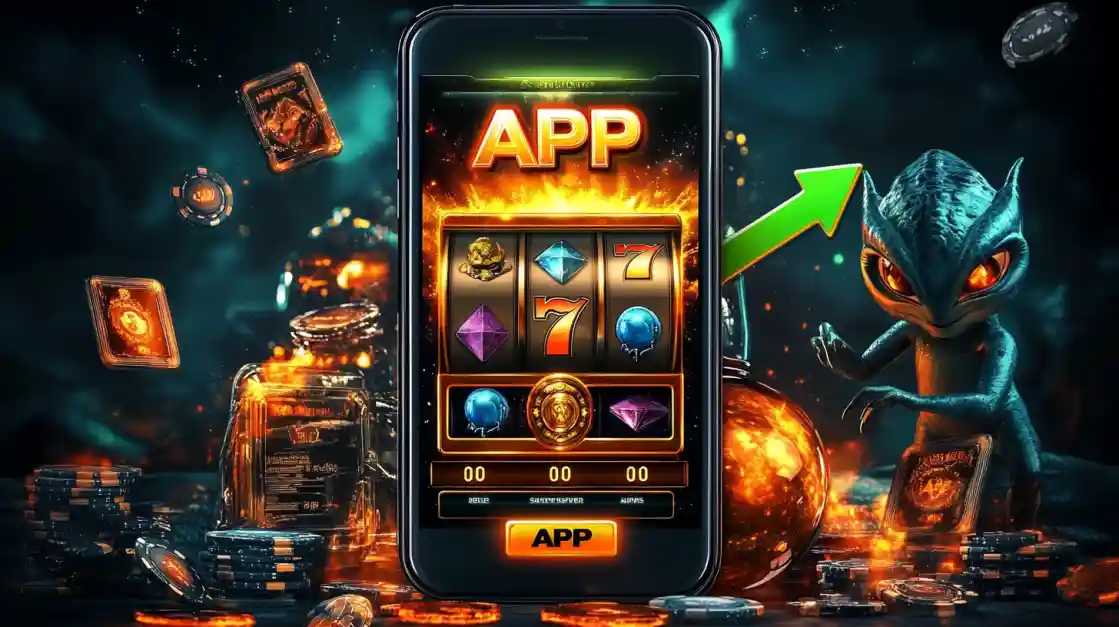 A vibrant dkvip mobile app displaying a slot game, with an intrigued alien character and scattered casino elements, signifying growth and engagement in the dkvip universe.