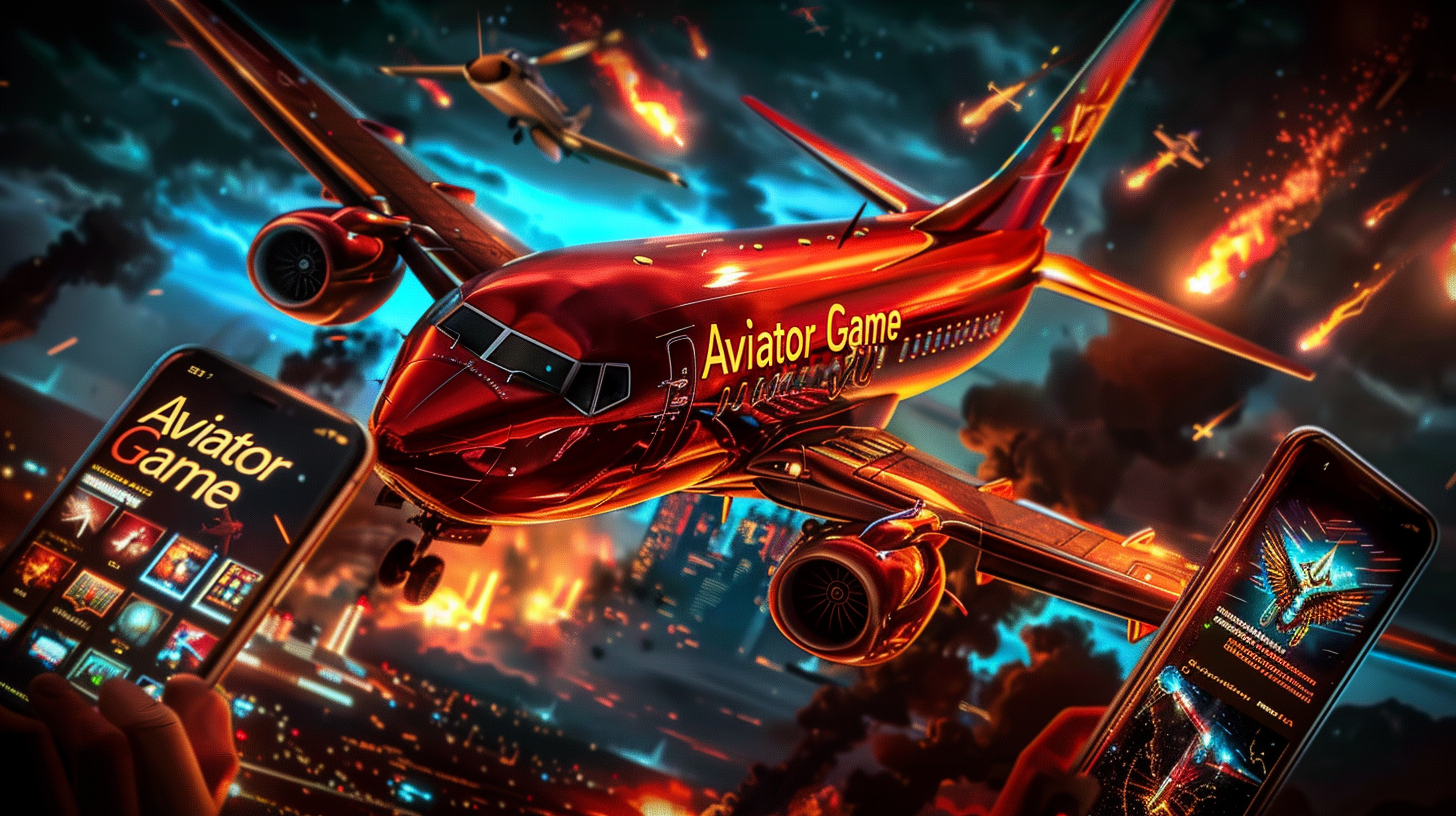 A dynamic scene with a sleek red jet branded Aviator Game flying over a fiery city at night, while smartphones in the foreground show the exciting dkvip game in action.
