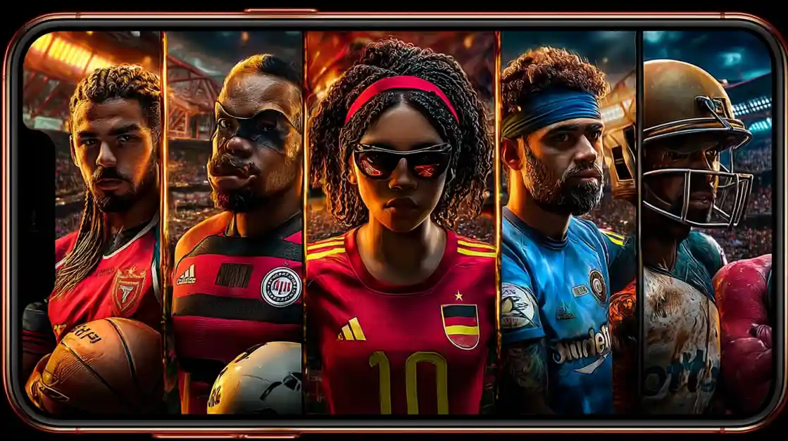 A smartphone screen displays a powerful collage of diverse male and female athletes from various sports, including football and soccer, representing the comprehensive sports betting options at dkvip.