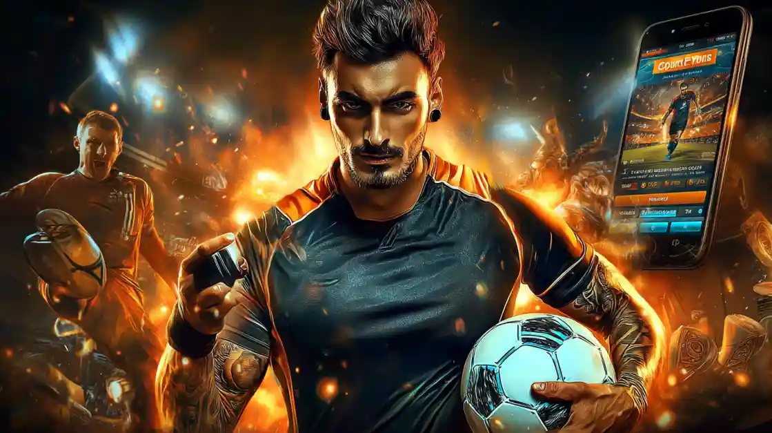An intense male soccer player with tattoos holds a football, looking confidently at the camera with a dkvip sports betting app on a phone beside him, all set against a fiery action background.