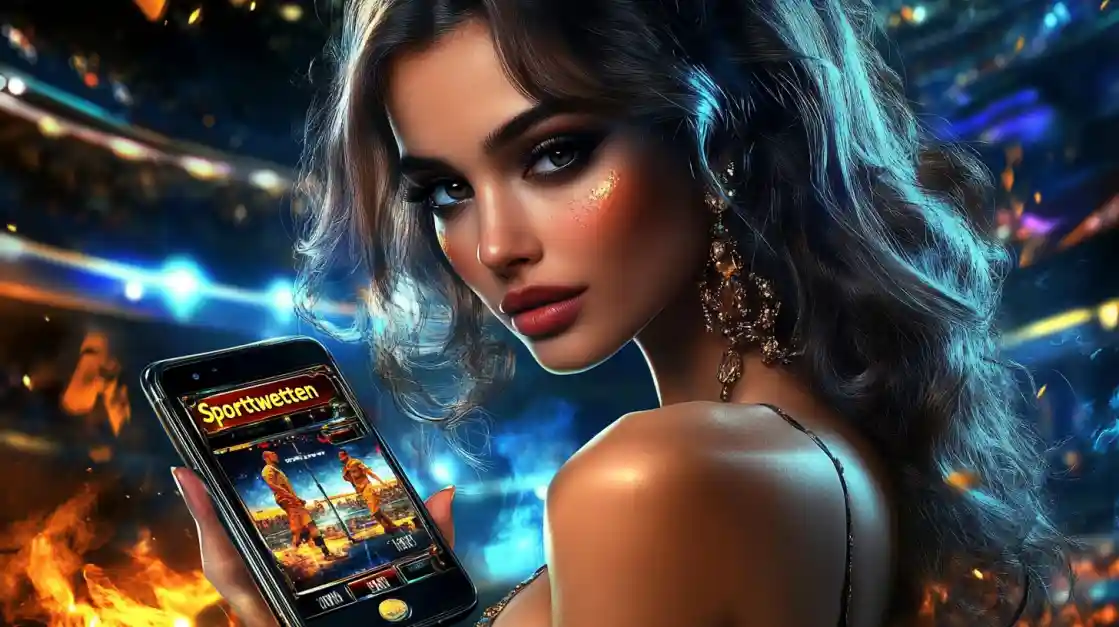 A glamorous woman with elegant makeup looks over her shoulder, holding a smartphone displaying the dkvip sports betting app against a vibrant stadium backdrop with fire effects.
