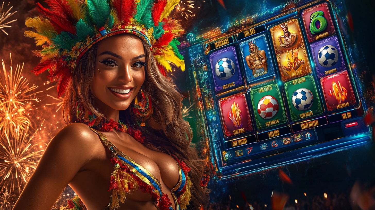 A joyful woman in a vibrant carnival headdress and costume, smiling brightly, with a dkvip slot machine featuring festive sports-themed symbols and fireworks in the background.