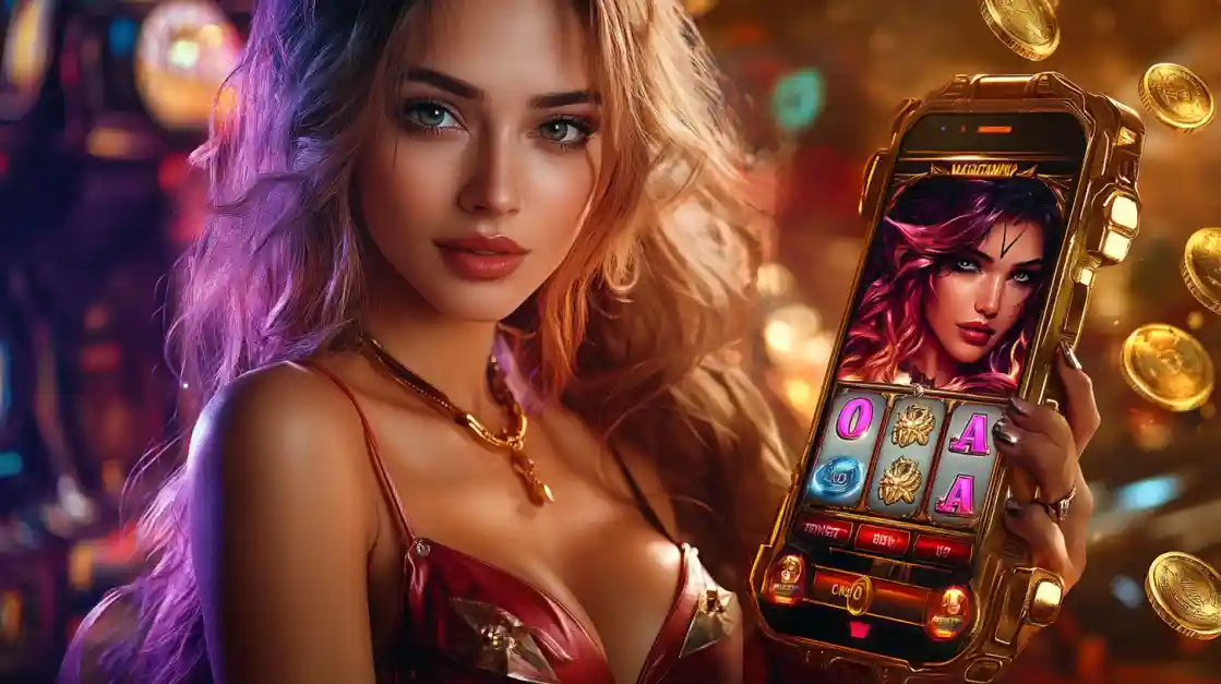 A glamorous woman with wavy hair and alluring eyes, holding a smartphone displaying a dkvip mobile slot game with a fierce warrior character, surrounded by golden coins.