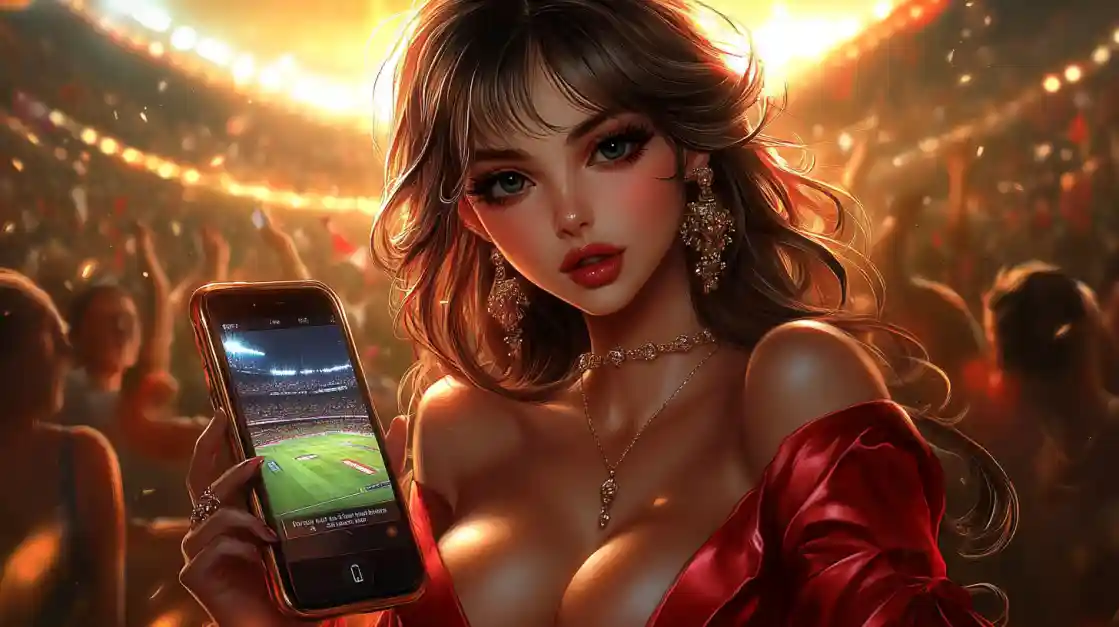 A glamorous woman in a red dress at a bustling stadium, elegantly holding a smartphone displaying a live sports game. The dkvip brand is subtly integrated into her luxurious attire and the phone's interface.