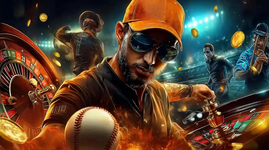 A focused man in a cap and sunglasses, intensely engaged at a roulette table with a baseball in the foreground and casino elements surrounding him, embodying the dynamic dkvip gaming spirit.