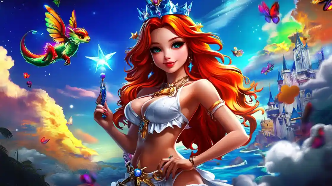 A vibrant fantasy scene featuring a beautiful princess with fiery red hair and a crown, holding a magic wand, with a small winged dragon and a fairytale castle in the background, embodying the magical world of dkvip.