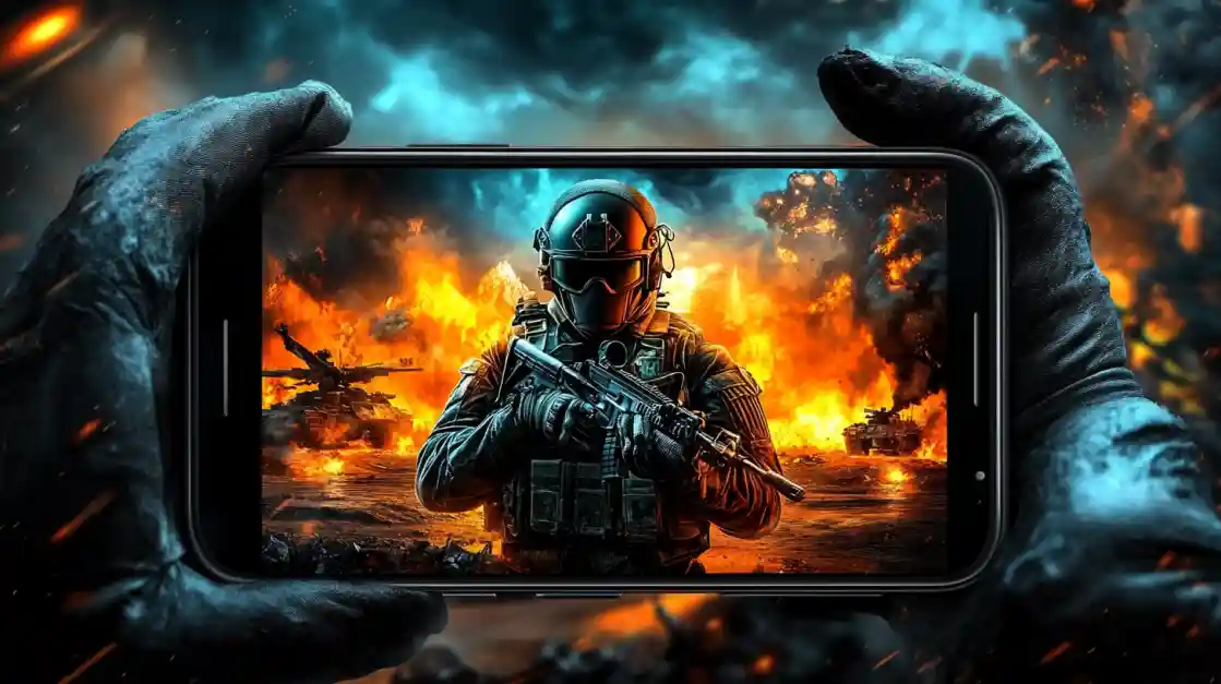 Hands holding a smartphone displaying an intense military shooter game with a soldier amidst explosions and tanks, showcasing the immersive action available on dkvip.