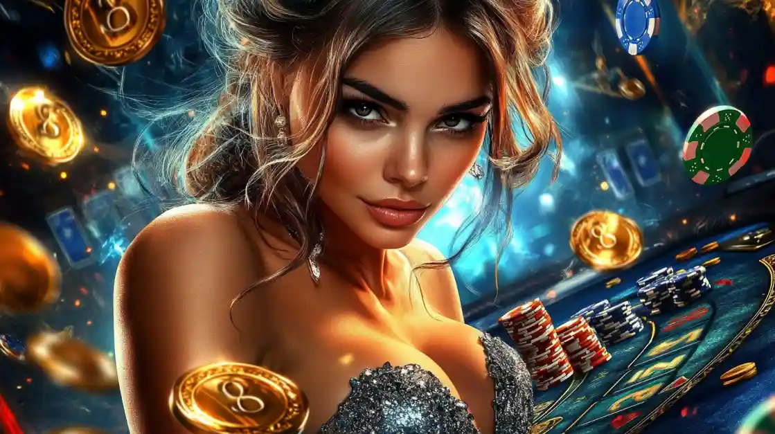 A beautiful woman in a glittering dress gives a captivating look while at a dkvip casino table, surrounded by floating gold coins, casino chips, and a roulette wheel.