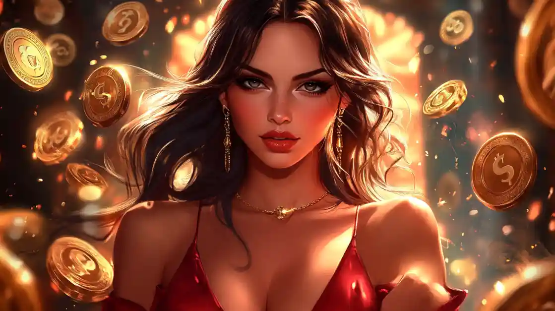 A stunning woman in a red dress, adorned with delicate jewelry, looks directly at the viewer as a shower of golden dkvip coins rains down around her, symbolizing big wins.