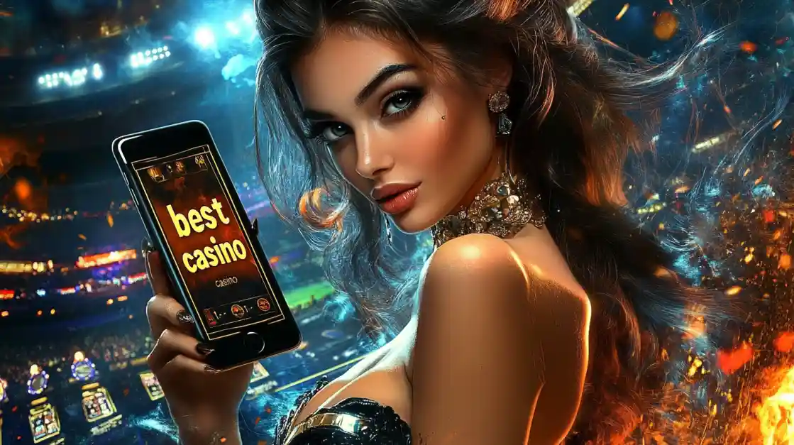 An alluring woman holds a smartphone with the best casino app from dkvip glowing on the screen, set against the backdrop of a brightly lit stadium and ambient flames.
