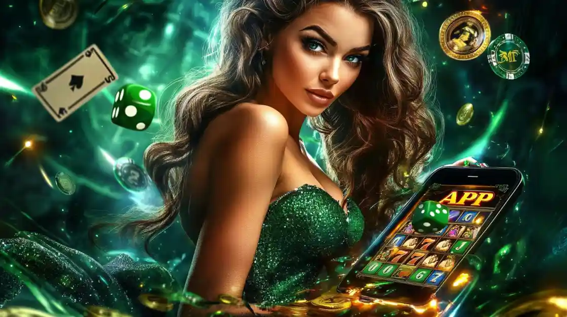 An enchanting woman with flowing hair, adorned in green, gazes captivatingly, surrounded by floating cards, dice, and coins, alongside a smartphone featuring the dkvip gaming app.