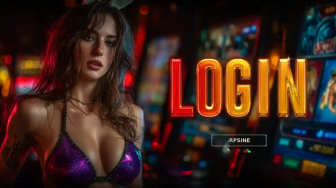 A captivating woman in a shimmering top stands beside a prominent LOGIN interface, with dkvip slot machines softly blurred in the background, inviting users to enter the world of dkvip.