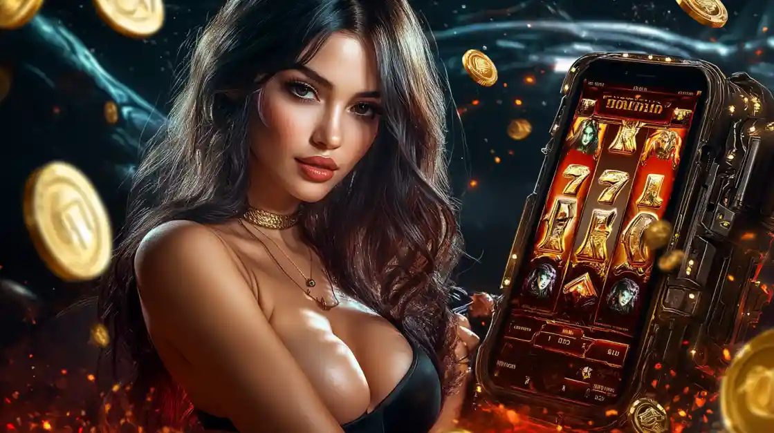 A beautiful woman in a black top looks confidently at the viewer while holding a smartphone displaying a dkvip mobile slot game with 777 symbols and golden coins.
