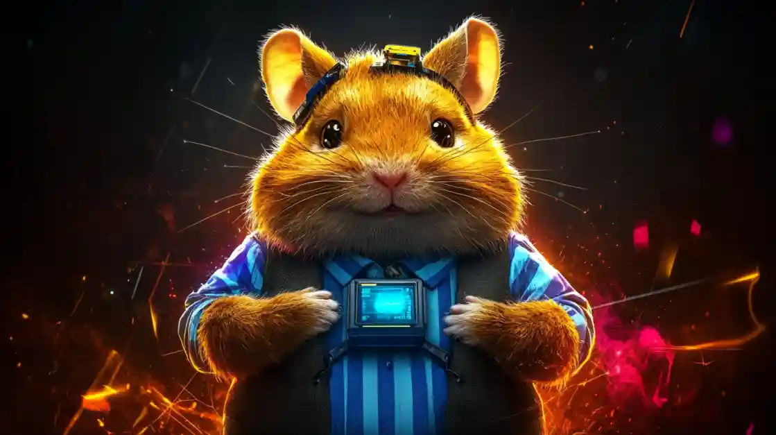 A cute and tech-savvy hamster character wearing a vest and a headset, with a friendly expression, representing the playful and innovative spirit of dkvip.