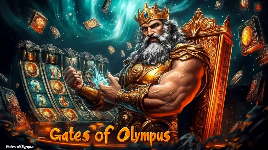 A majestic Zeus figure on a golden throne, surrounded by floating cards and a dkvip slot machine, with Gates of Olympus prominently displayed, inviting players to a mythical gaming experience.