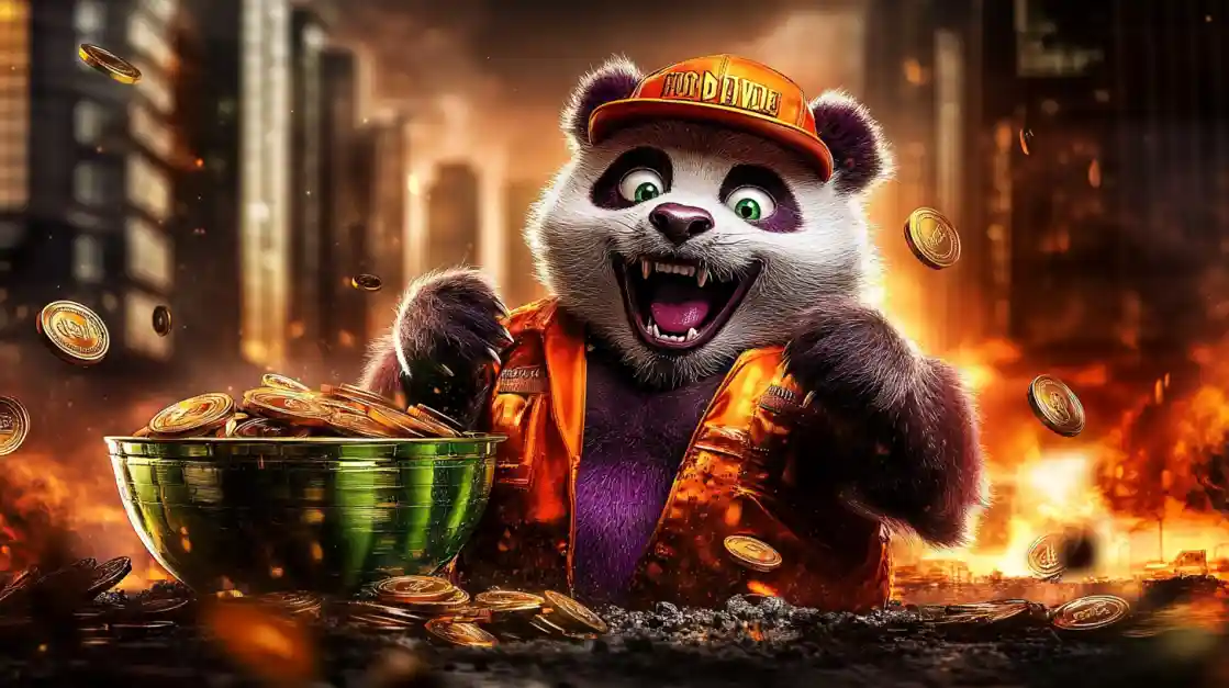 A cheerful panda character wearing an orange cap and jacket, surrounded by golden coins and a bowl of money, symbolizing wealth and good fortune with dkvip.