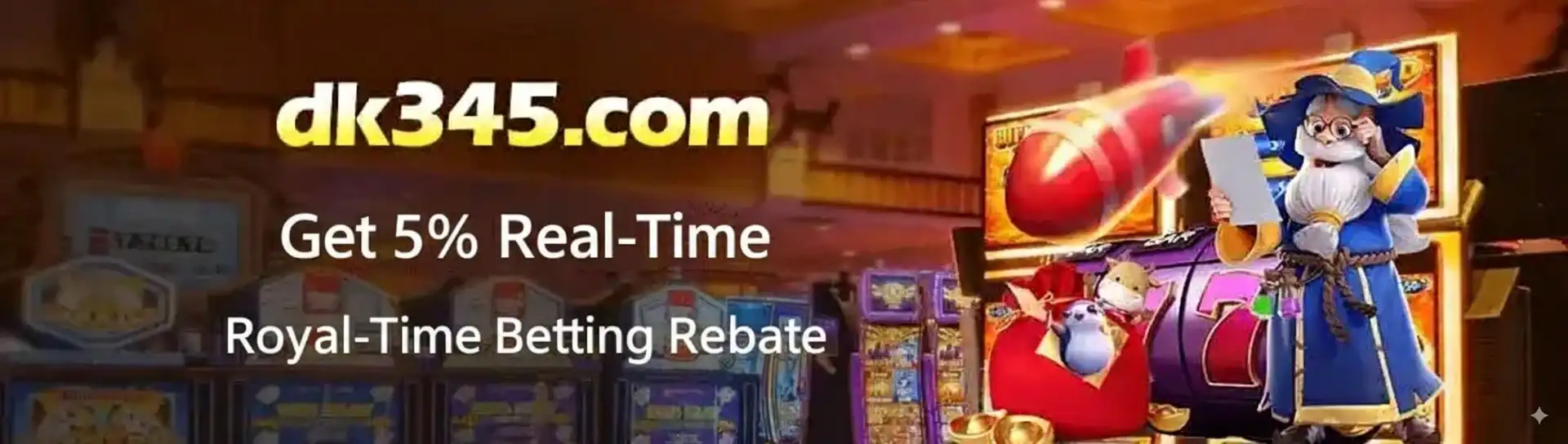 A promotional banner for dk345.com featuring a wizard character in a casino setting, advertising a 5% Real-Time Royal-Time Betting Rebate for players.