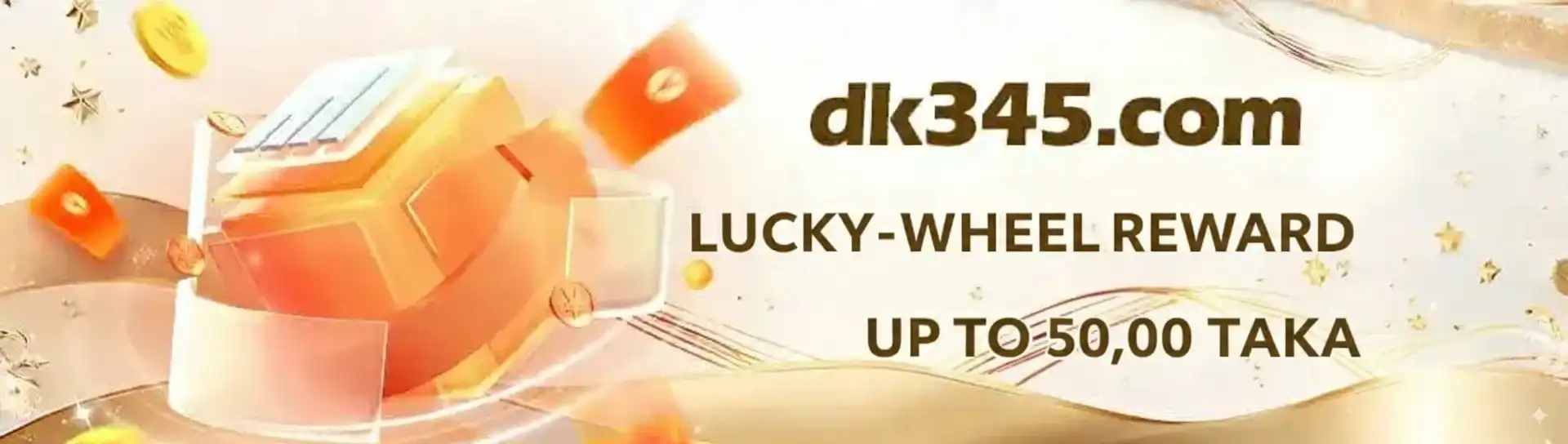 An elegant promotional banner for dk345.com's Lucky-Wheel Reward, featuring a stylized spinning prize box and offering a chance to win up to 50,00 Taka.